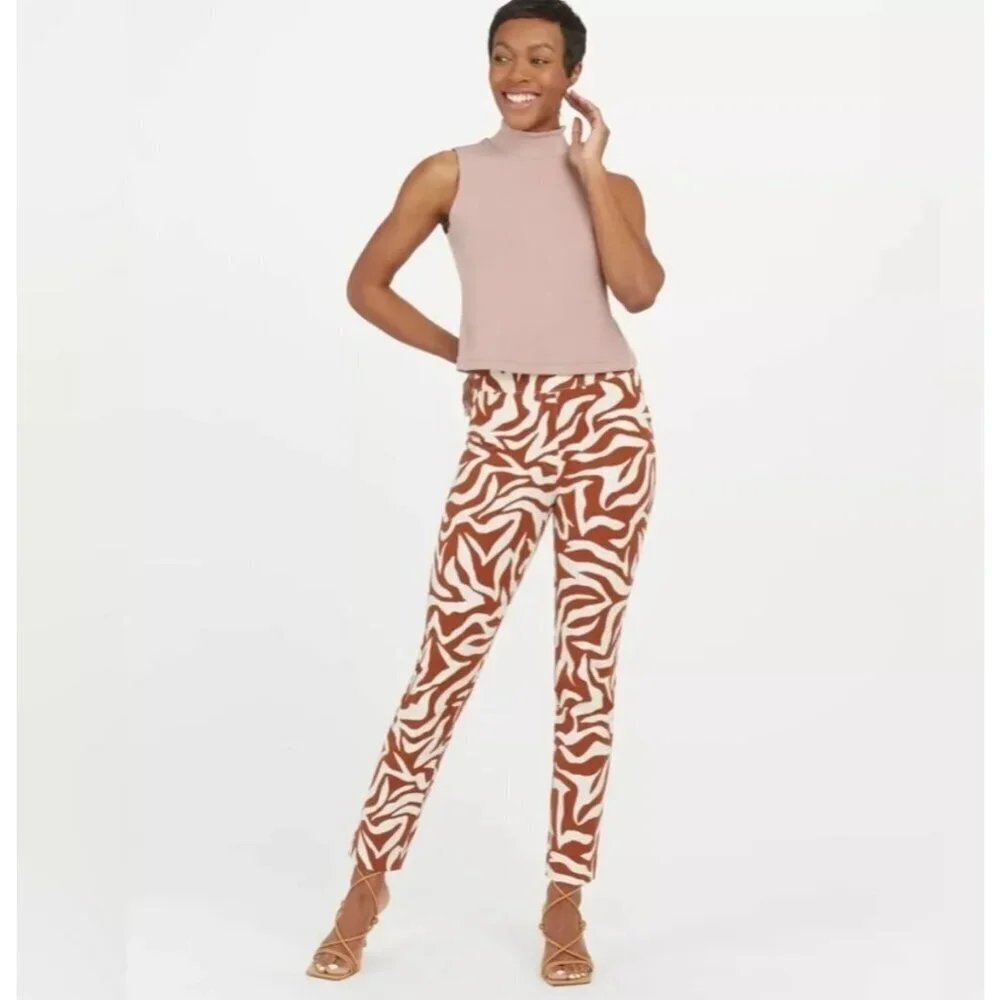 SPANX On-the-Go Ankle Slim Straight Pant Pull On Clay Zebra Stripe Brown Women L - Picture 2 of 16